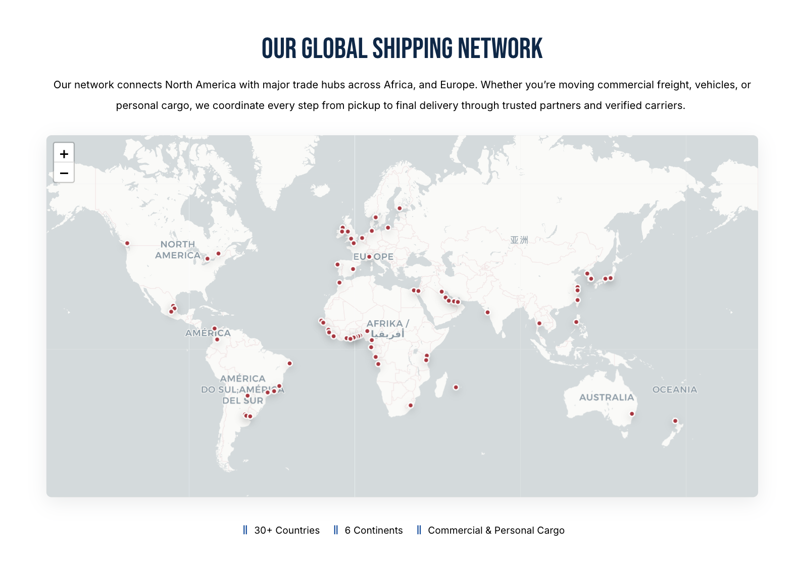 BriCargo global shipping network map showing international service coverage across multiple continents