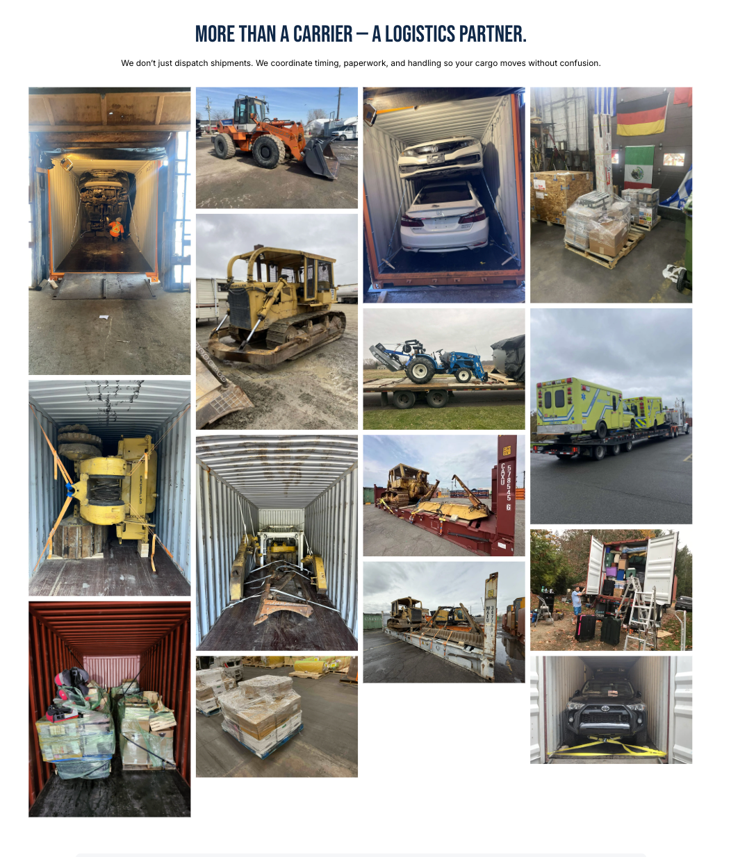 BriCargo Group website section showing real freight projects including vehicles, machinery, pallets and larger cargo