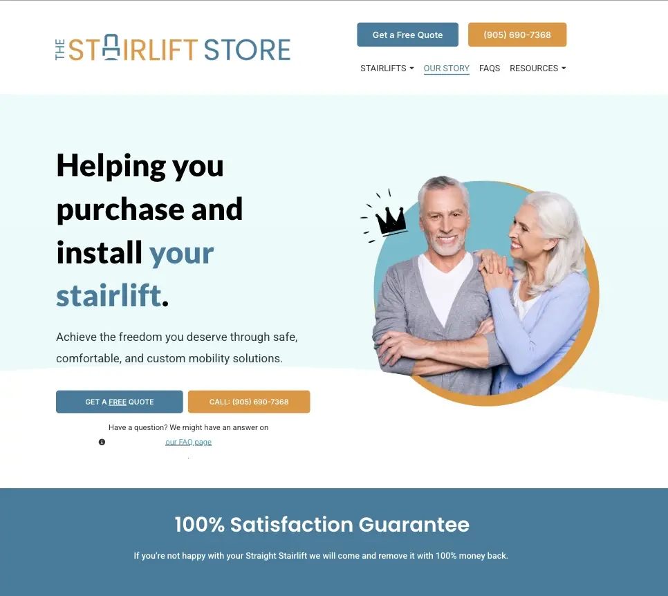 The Stairlift Store homepage showing stairlift services, buying guidance and quote pathways