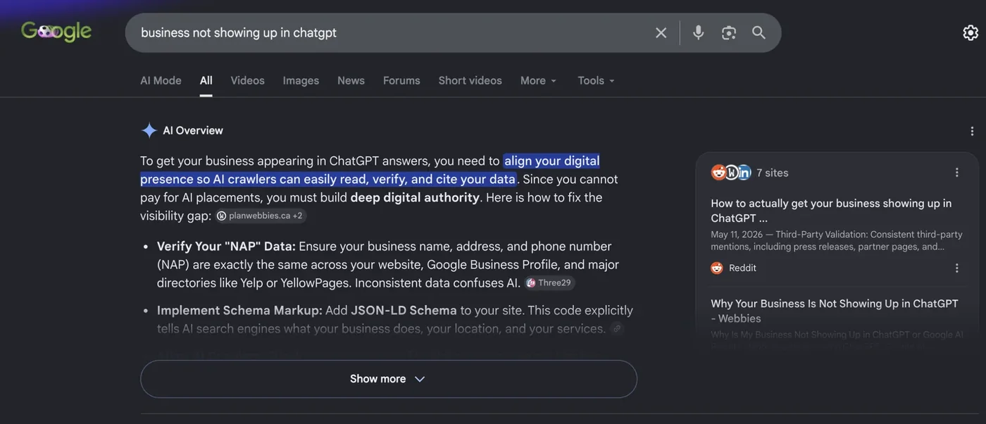 Google AI Overview citing the Webbies article about businesses not appearing in ChatGPT