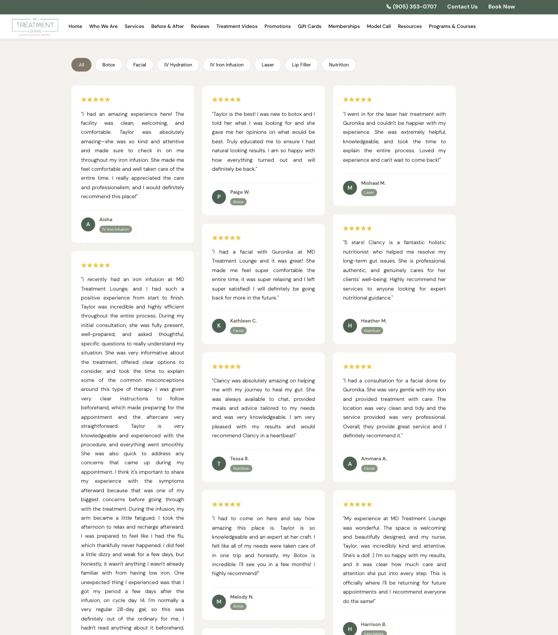 MD Treatment Lounge review page showing service-specific client reviews