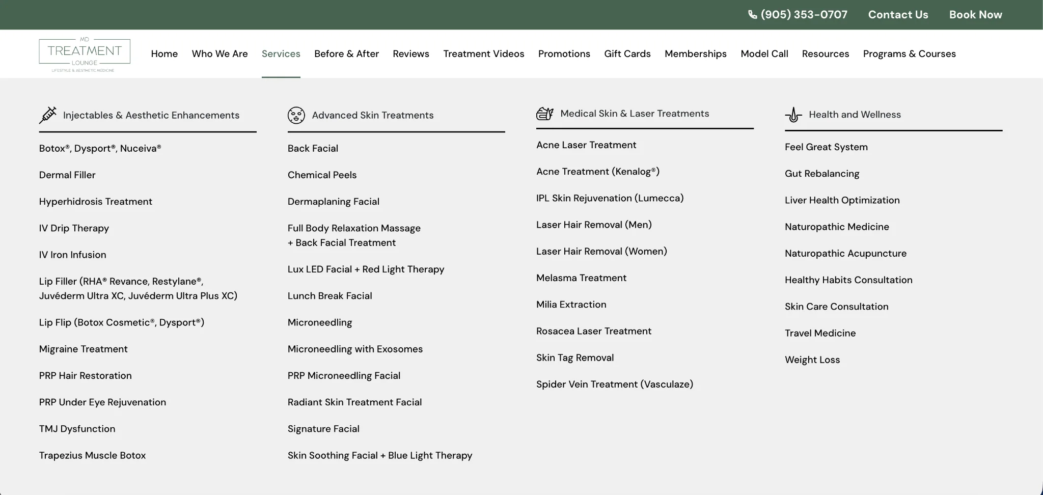 MD Treatment Lounge services navigation showing injectables, skin treatments, laser treatments and wellness services