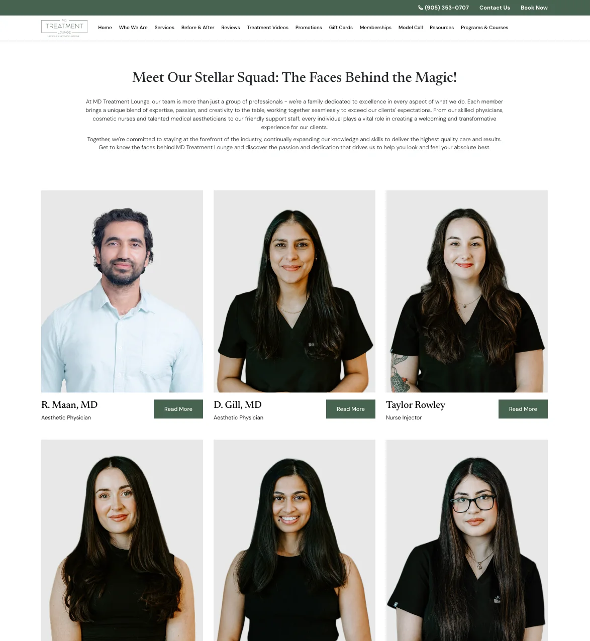 MD Treatment Lounge team page showing physicians, an injector and other clinic professionals