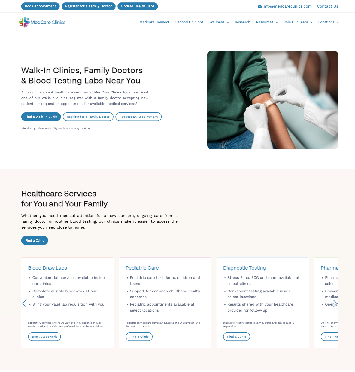 MedCare Clinics homepage showing walk-in clinic, family doctor and blood testing patient pathways