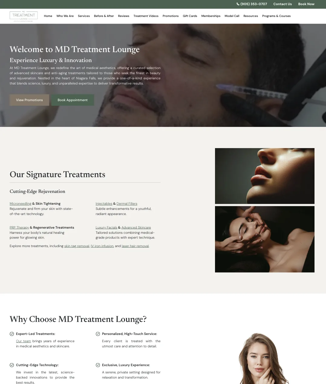 MD Treatment Lounge website showing its Niagara Falls clinic and treatment options