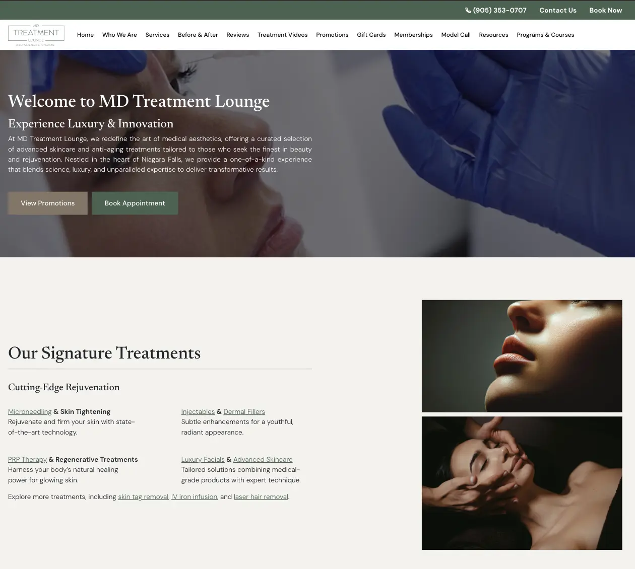 MD Treatment Lounge website showing its medical aesthetics hero and signature treatment content