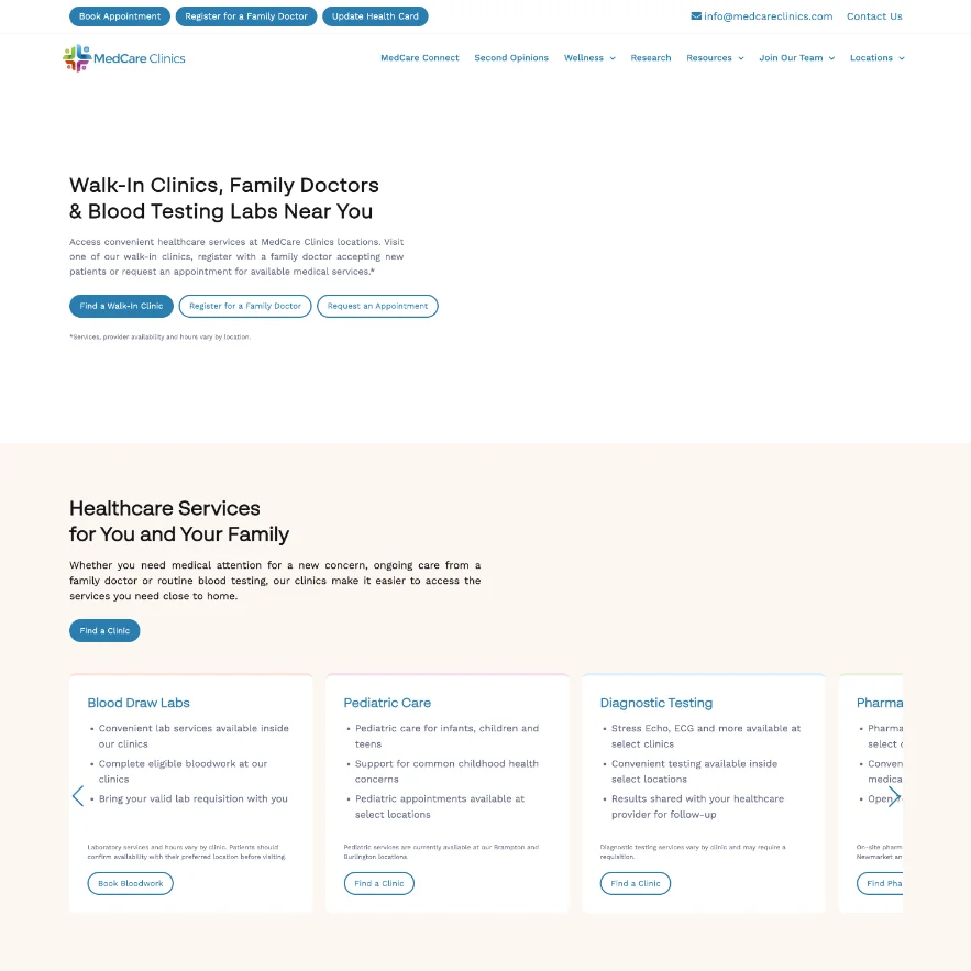 MedCare Clinics website with clinic and healthcare service pathways