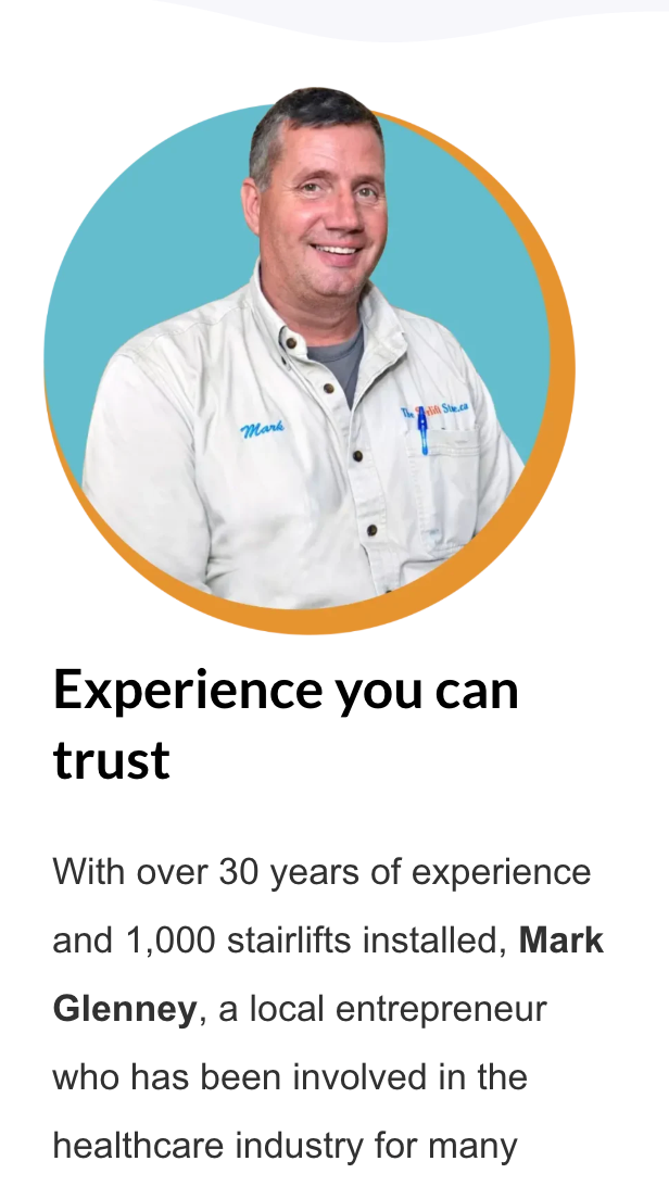 Mobile website view showing trust content and company experience information