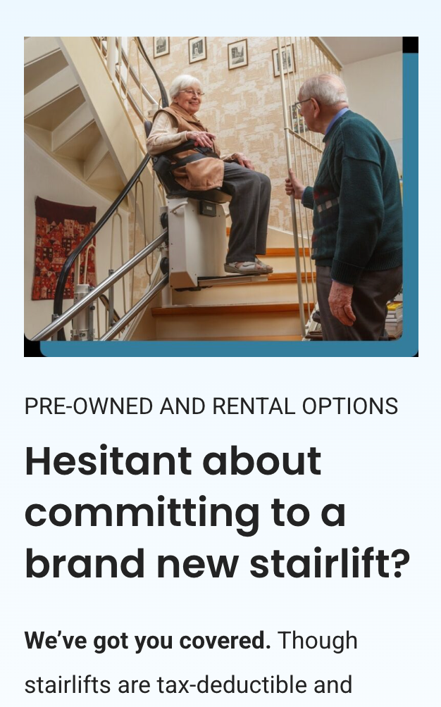 Mobile website view showing pre-owned and rental stairlift buying guidance