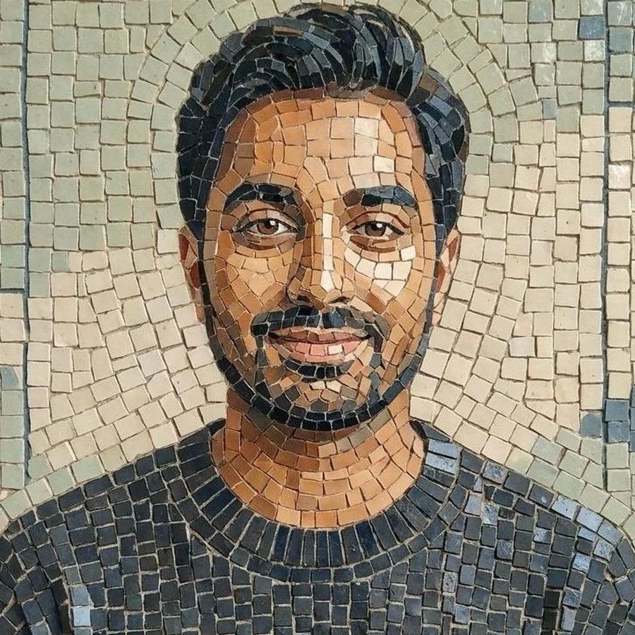 Ceramic mosaic portrait of Paras, the founder of Webbies