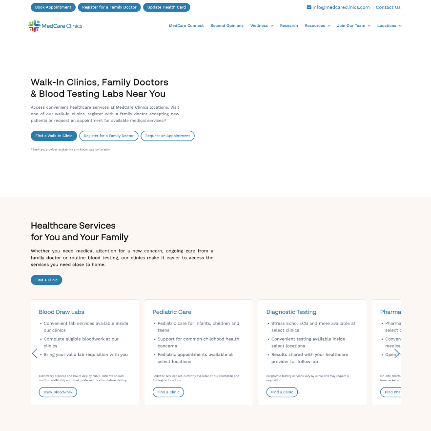MedCare Clinics homepage design