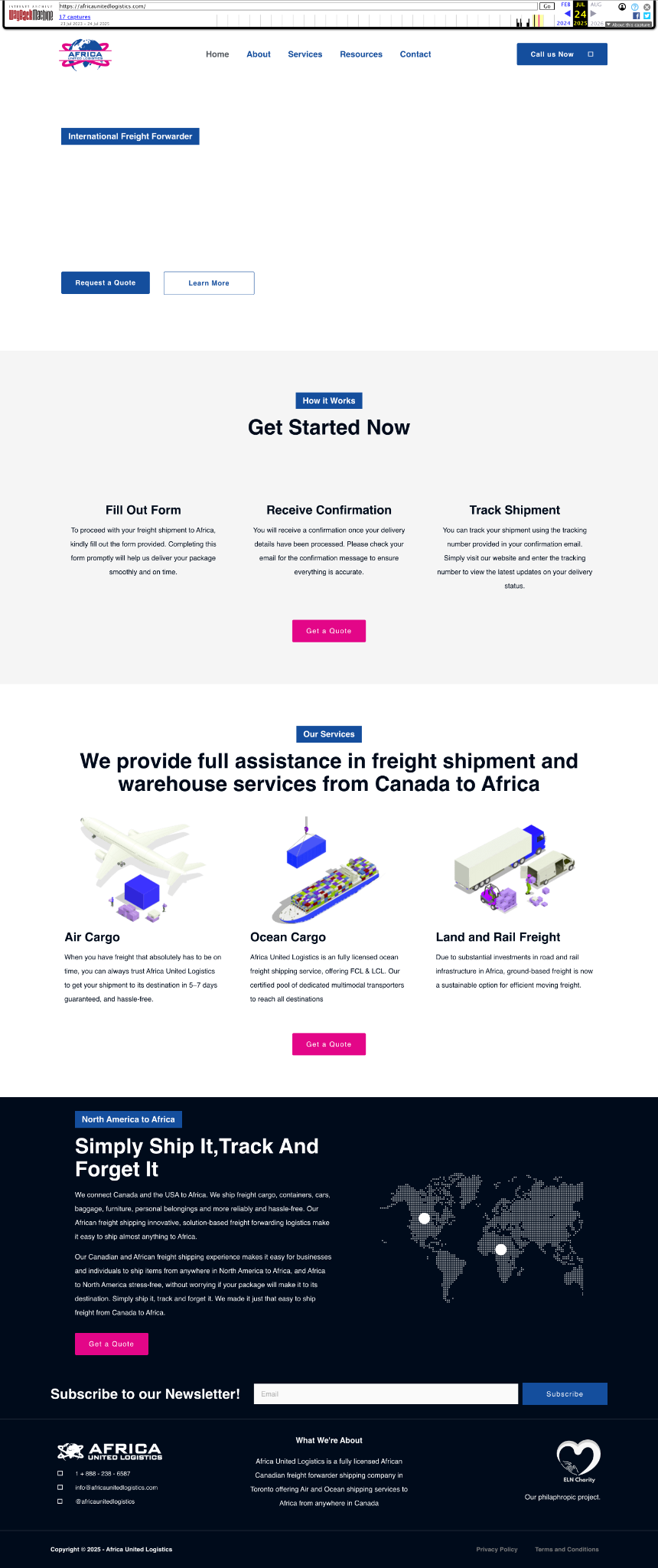 Africa United Logistics archived homepage service section listing air, ocean, and land-and-rail freight